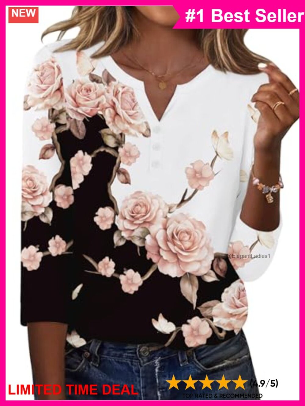 Womens 3/4 Sleeve Henley Blouse Casual Summer Fall Top Loose Fit